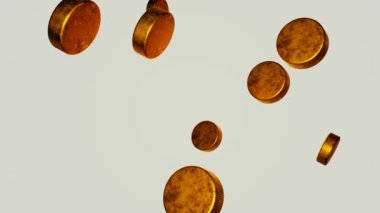 Many golden hockey pucks falling down on white background. Creative sports footage suitable for sport events or betting promotion.