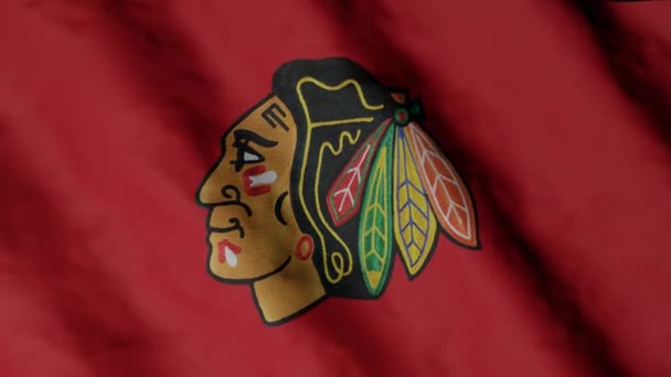 Флаг Хоккейного Клуба Чикаго Блэкхокс Размахивает Ветром Чикаго Блэкхокс — стоковое видео