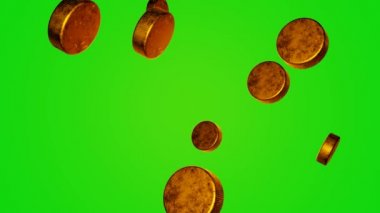 Many golden hockey pucks falling down on chromakey background. Green screen. Creative sports footage suitable for sport events or betting promotion.