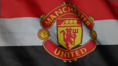 Manchester United football club flag waving in the Wind. Manchester United FC.