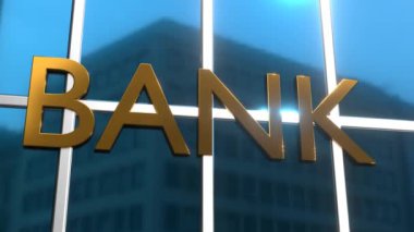 Glass bank building. Financial concept. Golden inscription bank. Banking.
