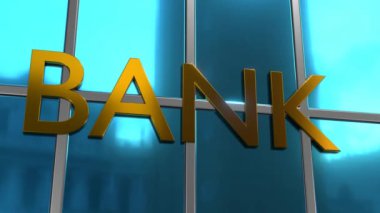 Glass bank building. Financial concept. Golden inscription bank. Banking.