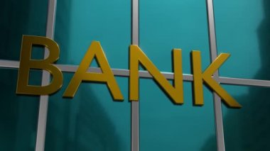 Glass bank building. Financial concept. Golden inscription bank. Banking.