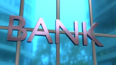 Glass bank building. Financial concept. Golden inscription bank. Banking.