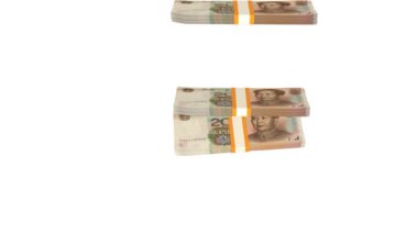 20 Chinese yuan money composition. Financial background. Many banknotes and wads of money. Business or economy concept. Cash.