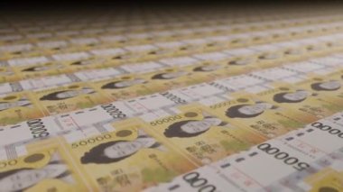 50000 South Korean won bills on money printing machine. Video of printing cash. Banknotes. KRW.