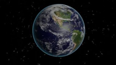 Planet Earth with many satellites around it. View from space. World connection concept. Technology video footage.