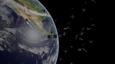 Planet Earth with many satellites around it. View from space. World connection concept. Technology video footage.