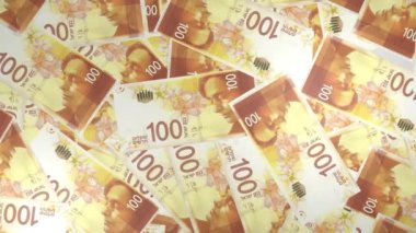 100 Israeli shekels money composition. Financial background. Many banknotes and wads of money. Business or economy concept. Cash.