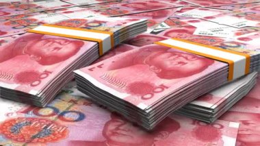 100 Chinese yuan money composition. Financial background. Many banknotes and wads of money. Business or economy concept. Cash.