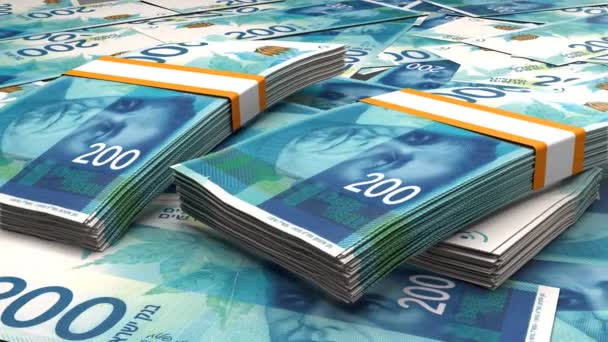 200 Israeli Shekels Money Composition Financial Background Many Banknotes Wads — ストック動画