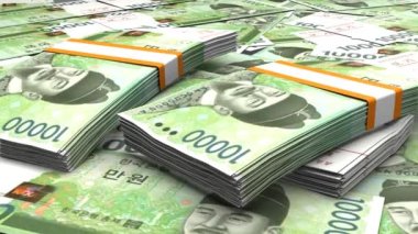 10000 South Korean won money composition. Financial background. Many banknotes and wads of money. Business or economy concept. Cash.