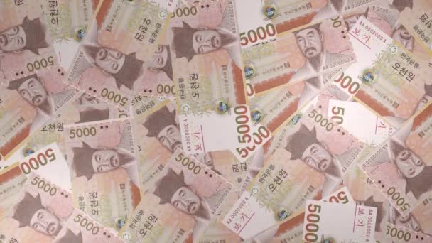 5000 Южнокорейцев Выиграли Деньги Финансовый Фон Много Банкнот Пачек Денег — стоковое видео