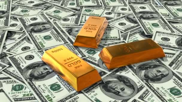 100 Dollar Bills Gold Bars Background Many Banknotes Finance Banking — Vídeos de Stock