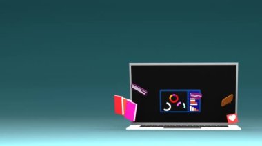Creative modern design suitable for internet services, social apps, online learning promotion. Laptop with statistical graphs, message bubbles, books.