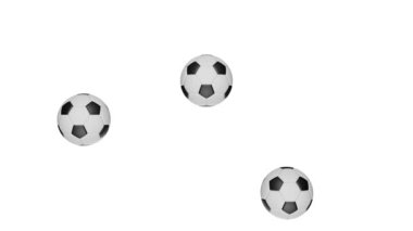 Many soccer balls falling down on white background. Football.