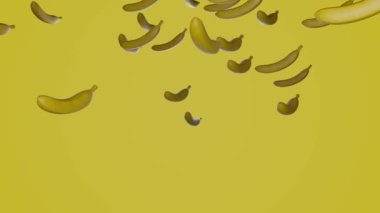 Many bananas falling down. Fruits background.