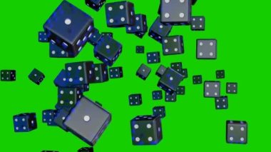 Blue dice flying into camera on chromakey background. Casino concept. Gambling.