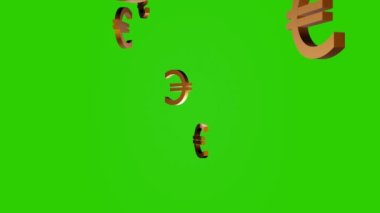 Golden Euro currency signs falling down on chromakey background. European money.