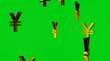 Golden Japanese Yen or Chinese Yuan currency signs falling down on chromakey background. Finance.