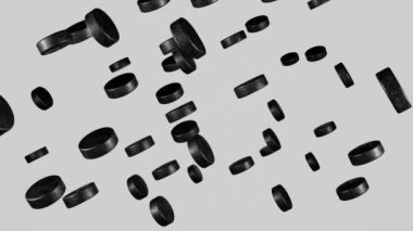 Many hockey pucks flying into camera on white background. Hockey sport concept.