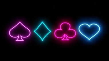 Neon card suits symbols. Casino promotion concept.