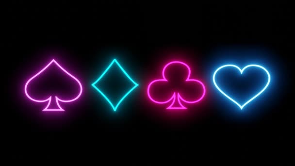 Neon Card Suits Symbols Casino Promotion Concept — Stockvideo