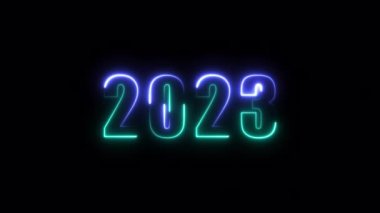 Colorful neon inscription 2023 on black background. New Year Video.