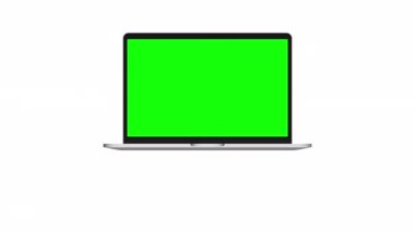 Yeşil ekran görüntülü gri laptop. Reklam için yeri olan bir defter. Kişisel bilgisayarın ekranında Chromakey alanı.