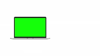 Yeşil ekran görüntülü gri laptop. Reklam için yeri olan bir defter. Kişisel bilgisayarın ekranında Chromakey alanı.