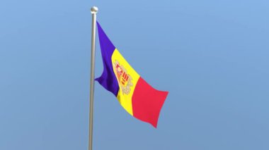 Bayrak direğinde Andorran bayrağı. Andorra bayrağı rüzgarda dalgalanıyor.