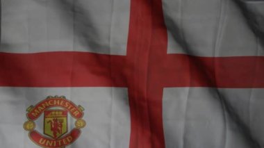 Manchester United football club flag waving in the Wind. Manchester United FC.