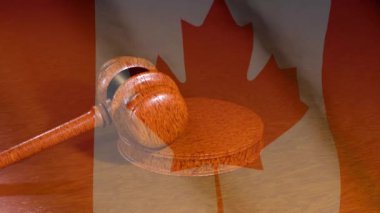 Canadian judiciary. Flag of Canada and Judges gavel. Fair trial. Constitution.
