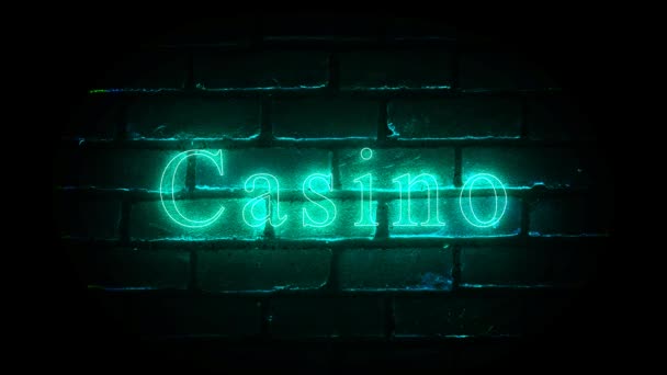Casino Glowing Neon Inscription Brick Wall Background Gambling Concept — Stok video