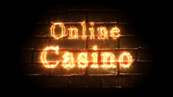 Online Casino Glowing Fiery Inscription Brick Wall Background Gambling Concept — Αρχείο Βίντεο