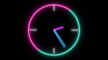 Neon wall Clock animation. Animated clock icon isolated on black background.