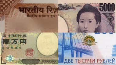 National currencies of different countries. Banknotes background. Business and economy concept. Euro, Dollar, Yen, Won, Yuan Ruble