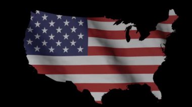 Map of United States of America in colors of USA flag isolated on black background. Fluttering flag.