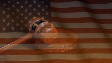American judiciary. Flag of the United States of America and Judges gavel. Fair trial. Constitution.