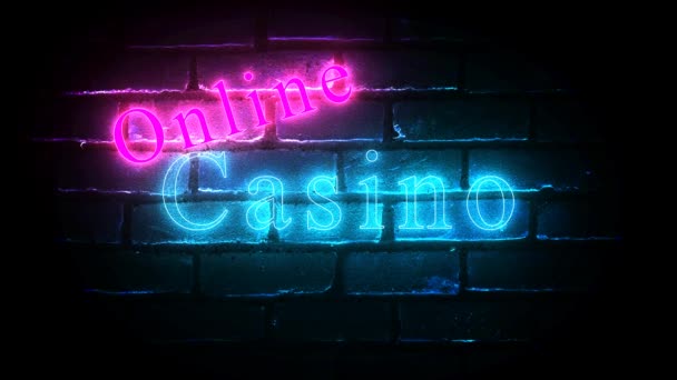 Online Casino Glowing Neon Inscription Brick Wall Background Gambling Concept — стоковое видео