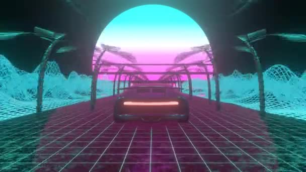 Retro Futuristic Landscape Car Moving Forward Seamless 80S Stylized Neon — 图库视频影像