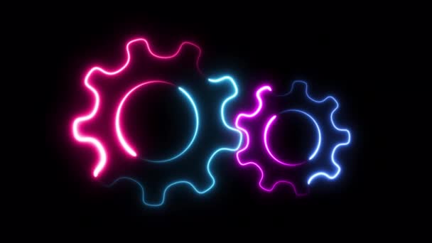 Two Neon Spinning Gears Animation Black Background Spinning Cogwheels Video — Αρχείο Βίντεο