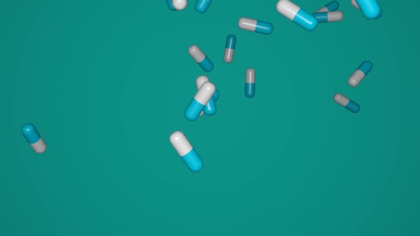 Muitas Pílulas Caindo Fundo Azul Conceito Promoção Médica — Vídeo de Stock