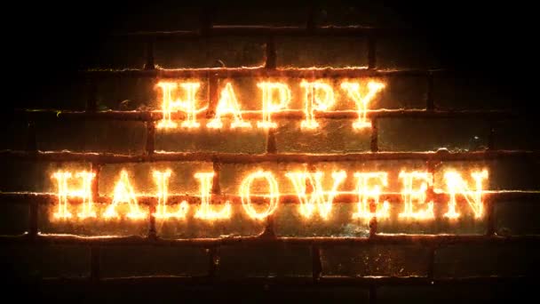Fiery Happy Halloween Inscription Brick Wall Background Scary Festive Video — Stockvideo