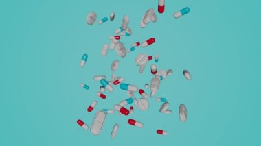 Many pills flying to camera on blue background. Medical promotion concept.