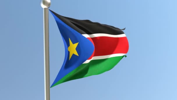 Флаг Южного Судана Флагштоке Флаг Южного Судана Развевается Ветру — стоковое видео