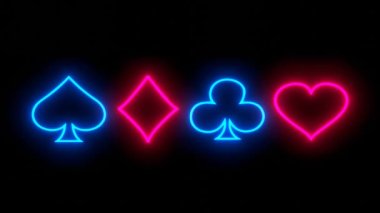 Neon card suits symbols. Casino promotion concept.