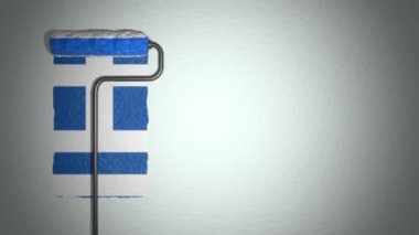 Roller paints the wall in colors of Greek flag. Travel concept. Greece.