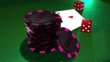 Poker fişleri, kumar kartları, kumar masasında zar. Kumarhane kavramı.