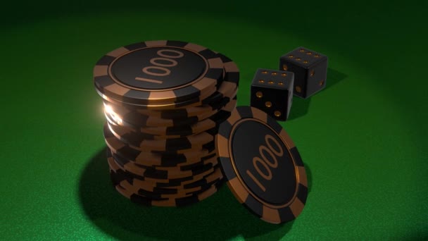 Poker Chips Dice Golden Black Colors Gambling Table Casino Concept — Stock Video